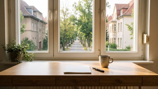 Schreibtisch am Fenster mit Blick auf eine ruhige Wohnstraße