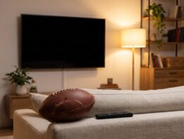 Wohnzimmer mit Fussball und Fernbedienung auf dem Sofa vor ausgeschaltetem Fernseher