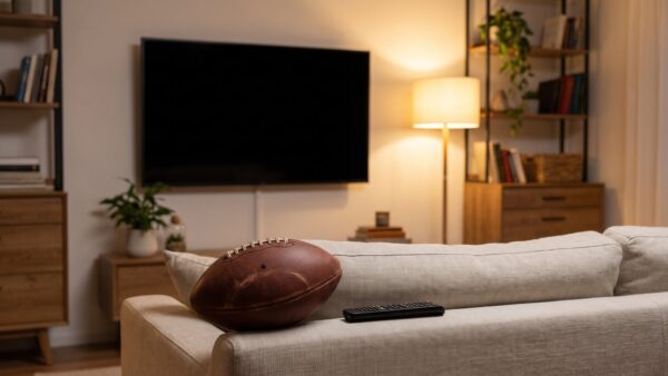 dazn angebote bild 1 Wohnzimmer mit Fussball und Fernbedienung auf dem Sofa vor ausgeschaltetem Fernseher