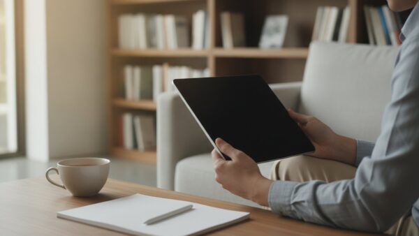 dazn angebote bild 3 Person auf dem Sofa mit Tablet und leerem Notizblock beim Vergleichen von Abos
