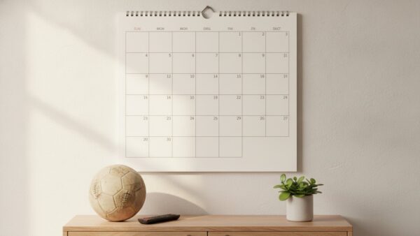 dazn angebote bild 4 Leerer Wandkalender ueber einem Sideboard mit Fussball und Fernbedienung