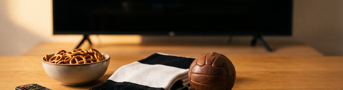 Fernbedienung, Fussballschal und Lederfussball auf einem Couchtisch vor ausgeschaltetem Fernseher