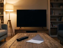 Ausgeschalteter Fernseher, Fernbedienung und geöffneter Briefumschlag im Wohnzimmer