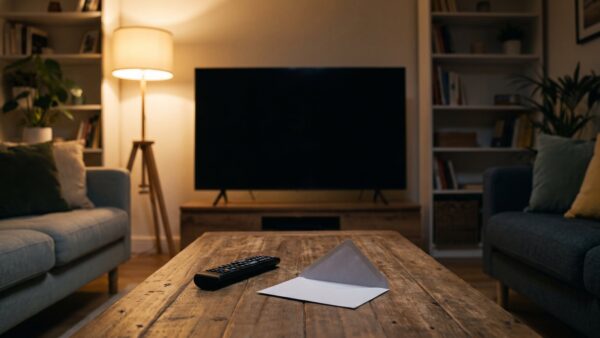 dazn geld zurueck bild 1 Ausgeschalteter Fernseher, Fernbedienung und geöffneter Briefumschlag im Wohnzimmer