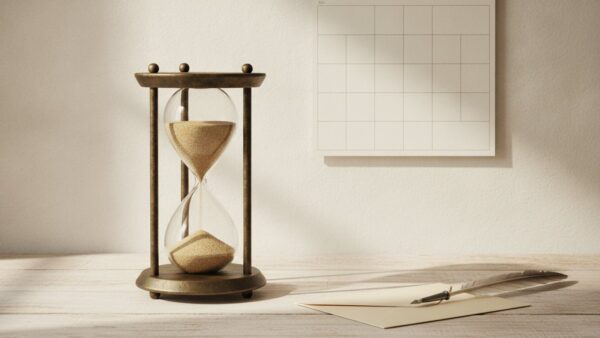 dazn geld zurueck bild 4 Sanduhr neben leerem Kalenderblatt und Briefumschlag auf Holztisch
