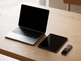 Laptop, Tablet und Fernbedienung mit dunklen Bildschirmen nebeneinander auf einem Holztisch