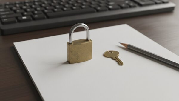 dazn login bild 2 Messing-Vorhängeschloss und Schlüssel auf einem leeren Notizzettel vor einer unscharfen Tastatur