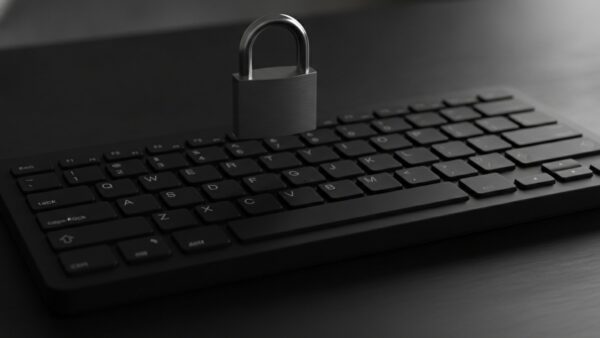 dazn login bild 4 Unbeschriftete schwarze Tastatur im Streiflicht mit einem kleinen Vorhängeschloss darüber