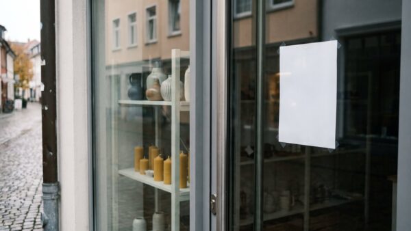 Schaufenster eines Deko-Geschäfts mit wenigen Vasen und Kerzen und einem leeren Aushang an der Tür