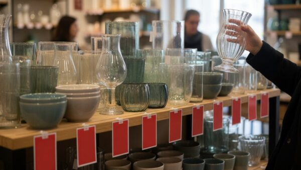 Hand prüft eine Glasvase im Abverkauf eines Deko-Geschäfts, darunter leere rote Rabattschilder