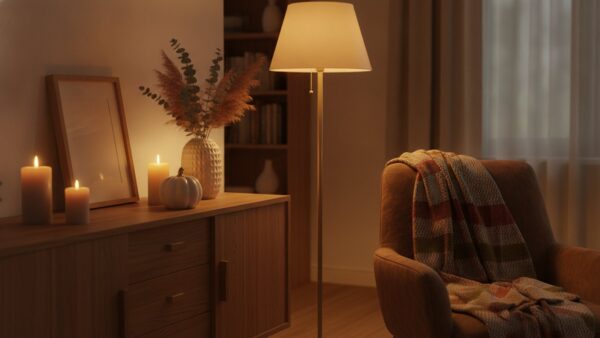 Herbstlich dekoriertes Wohnzimmer mit Kerzen, Keramikkürbis und Trockenblumen auf einem Sideboard