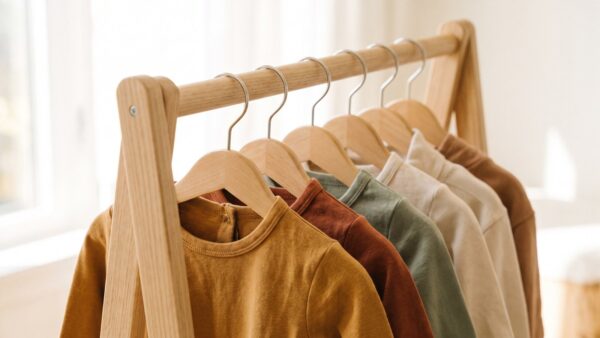 Kleine Kleiderstange mit einfarbiger Kinderkleidung auf Holzbügeln