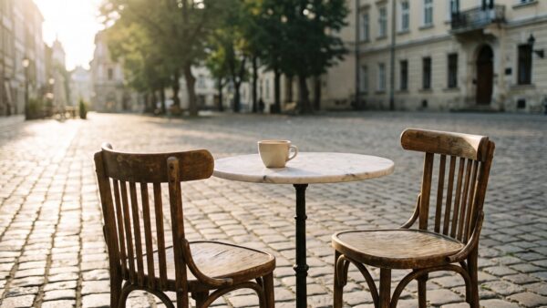 Zwei leere Stühle an einem Cafétisch mit unbedruckter Tasse