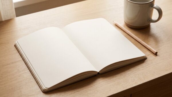 Leerer aufgeschlagener Notizblock mit Bleistift und Tasse