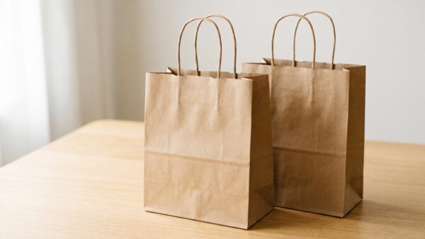 designer outlet salzburg bild 3 Zwei unbedruckte Papiertüten nebeneinander auf heller Holzfläche