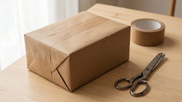 designer outlet soltau bild 2 Sorgfältig verpacktes unbeschriftetes Paket mit Klebeband und Schere