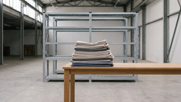 Schlichter Verkaufstisch mit gestapelten Textilien in einer Halle