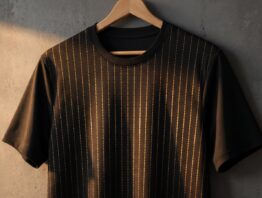 Schwarzes Fußballtrikot mit feinen goldenen Linien auf einem Holzbügel vor einer grauen Wand