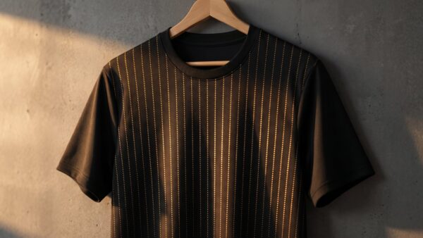 dfb trikot schwarz bild 1 Schwarzes Fußballtrikot mit feinen goldenen Linien auf einem Holzbügel vor einer grauen Wand