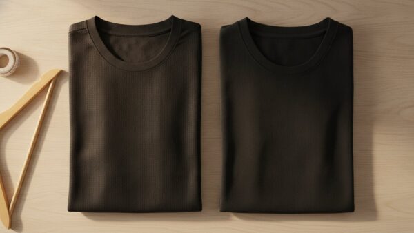 dfb trikot schwarz bild 3 Zwei gefaltete schwarze Trikots aus unterschiedlichem Stoff nebeneinander auf einem Holztisch