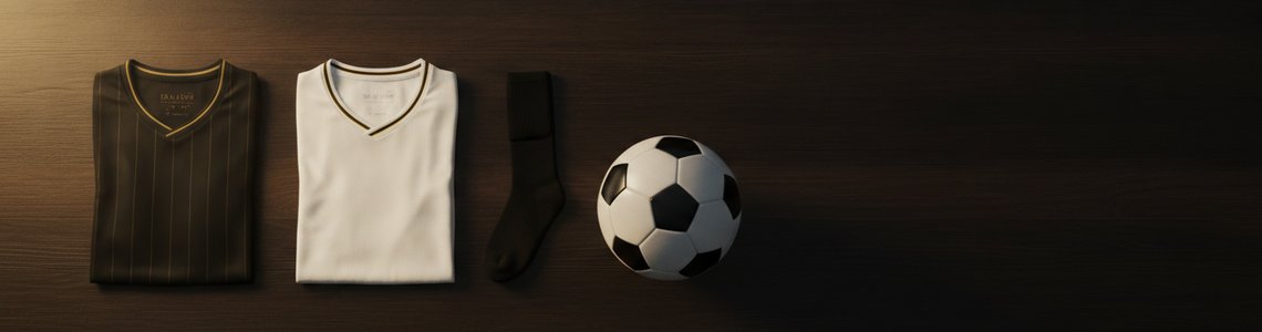 Gefaltetes schwarzes Fußballtrikot mit goldenen Nadelstreifen neben weißem Trikot, schwarzen Stutzen und Fußball