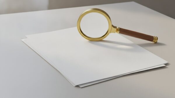digitaler euro bild 2 Messinglupe über einem Stapel unbedruckter weißer Blätter auf hellem Schreibtisch