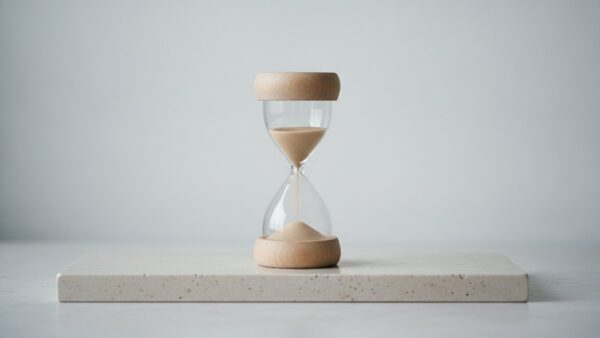 digitaler euro bild 3 Analoge Sanduhr aus Glas und Holz auf einer hellen Steinplatte