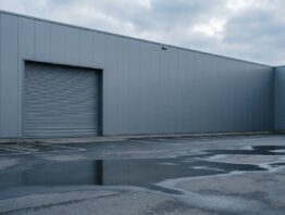 Graues Logistikgebäude mit geschlossenem Rolltor und leerem Parkplatz an einem bewölkten Tag