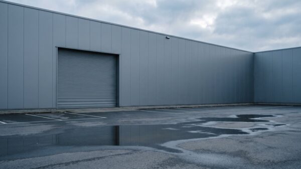 Graues Logistikgebäude mit geschlossenem Rolltor und leerem Parkplatz an einem bewölkten Tag