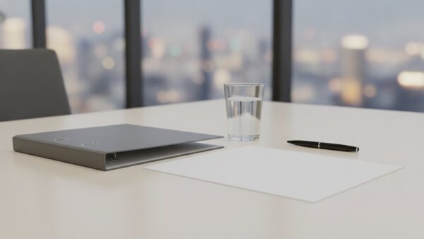 Zugeklappter Aktenordner, Wasserglas und leeres Blatt Papier auf einem hellen Besprechungstisch