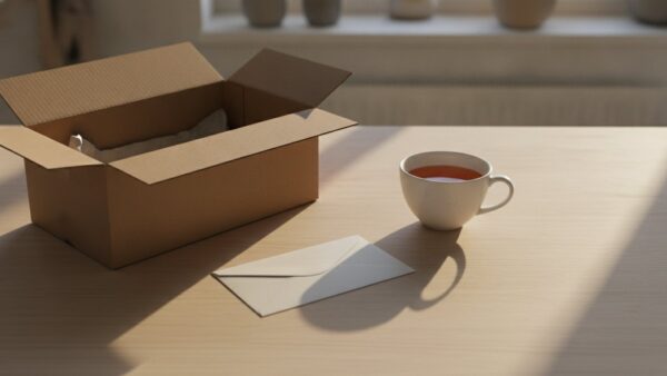 Geöffneter leerer Versandkarton, unbeschrifteter Briefumschlag und eine Tasse Tee auf einem Holztisch