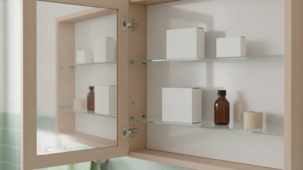 Geöffneter Badezimmerschrank mit unbeschrifteten Medikamentenschachteln, einer Glasflasche und Pflaster