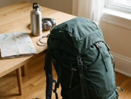 Gepackter Rucksack mit Stadtplan, Trinkflasche und Kopfhörern auf einem Holztisch