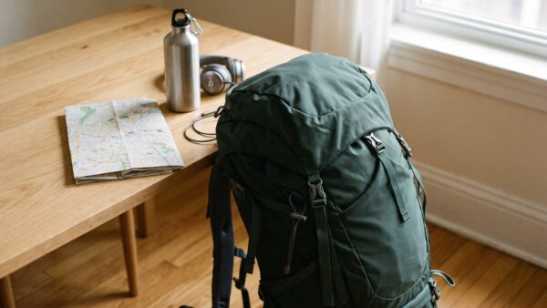 discovereu bild 1 Gepackter Rucksack mit Stadtplan, Trinkflasche und Kopfhörern auf einem Holztisch