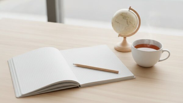 discovereu bild 2 Leeres Notizbuch mit Bleistift, eine Tasse Tee und ein kleiner Globus auf einem Schreibtisch