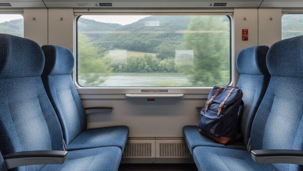 discovereu bild 3 Leeres Zugabteil mit Rucksack auf einem Fensterplatz, drauĂźen eine Flusslandschaft