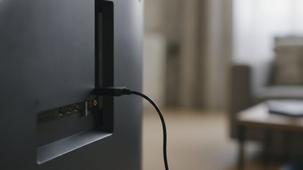 disney plus airplay bild 2 Rückseite eines Fernsehers mit eingestecktem Streaming-Stick und locker hängendem Kabel