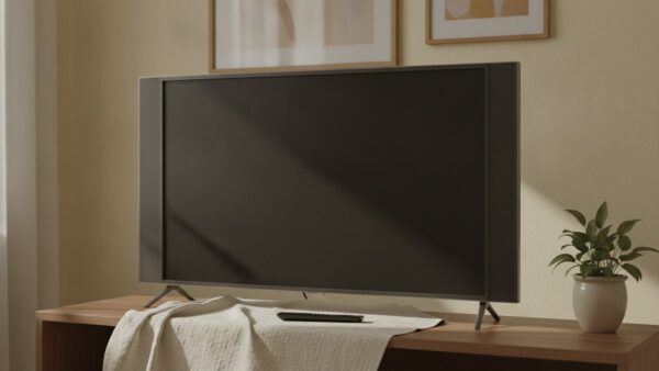 disney plus airplay bild 3 Älterer Fernseher mit breitem Rahmen auf einem Regal, davor eine schlichte Fernbedienung