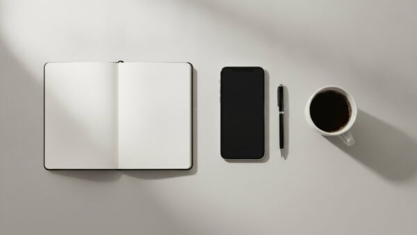 disney plus airplay bild 4 Smartphone mit dunklem Display neben leerem Notizblock, Stift und Kaffeetasse auf einem Schreibtisch