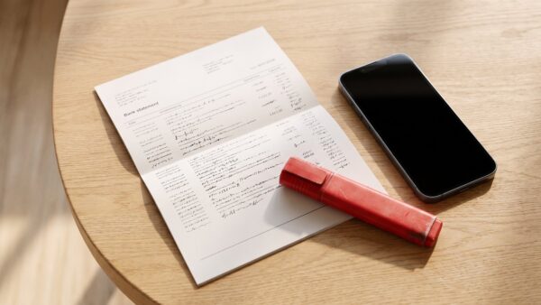Kontoauszug mit Textmarker und Smartphone auf dem Tisch