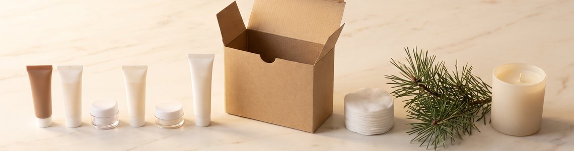 Kosmetiktuben in Reisegröße und Kalenderkarton auf hellem Marmor