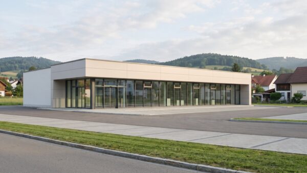 Modernes flaches Gewerbegebäude mit Glasfassade vor bewaldeten Hügeln
