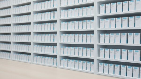 Ordentliches Apothekenregal mit unbeschrifteten weißen Arzneimittelschachteln