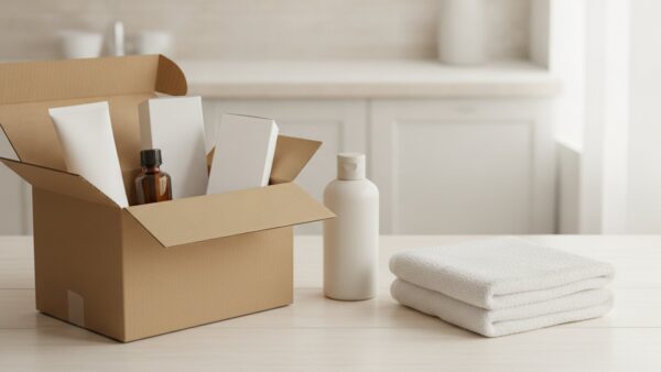 Geöffnetes Paket mit unbedruckten Arzneimittelpackungen und Drogerieartikeln auf einem Küchentisch