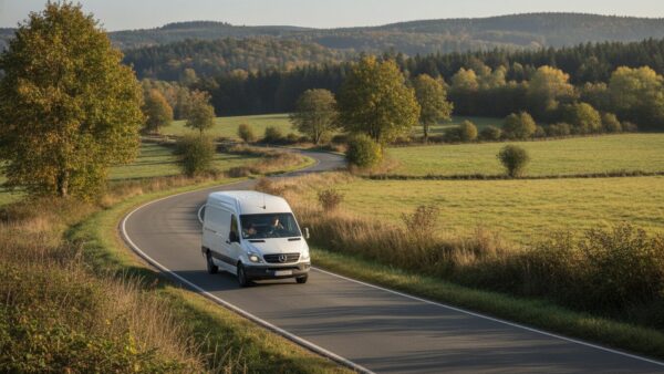 Weißer Lieferwagen auf einer Landstraße durch hügelige Wald- und Wiesenlandschaft
