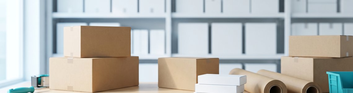 Packtisch in einem Versandlager mit braunen Kartons und unbedruckten Arzneimittelschachteln