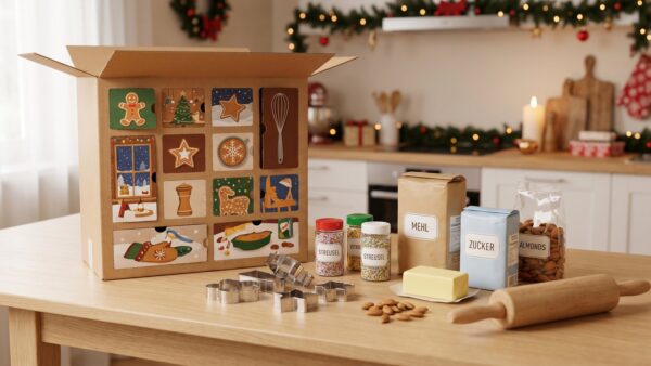 dr oetker adventskalender inhalt Dr. Oetker Adventskalender 2026 mit Backzutaten und Keksausstechern auf Holztisch