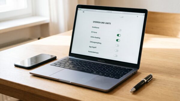 Kundenportal am Laptop mit dem Menüpunkt Sperren und Limits
