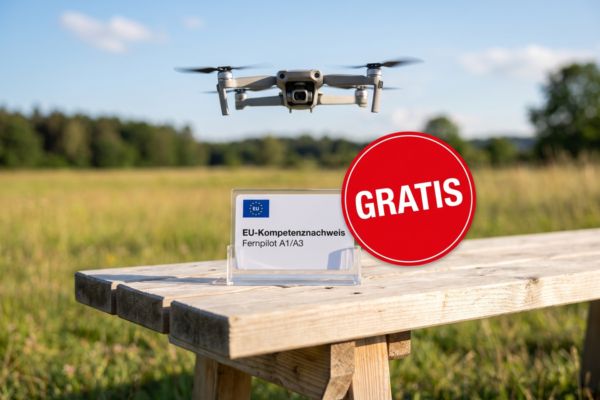 drohnenfuehrerschein a1 a3 kostenlos EU-Kompetenznachweis Fernpilot A1/A3 und Drohne auf einer Wiese