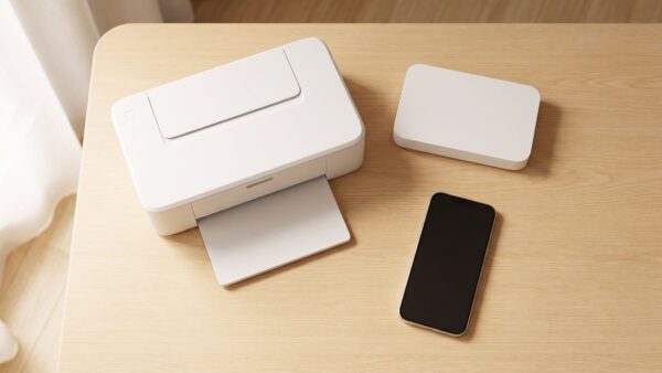 drucker mit wlan verbinden bild 2 WeiĂźer Drucker neben Router und Smartphone auf einem Holztisch
